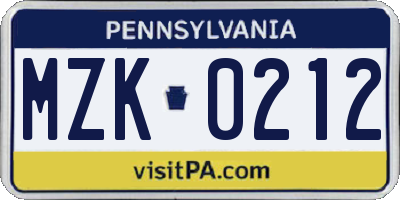 PA license plate MZK0212