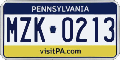 PA license plate MZK0213