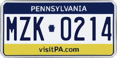 PA license plate MZK0214