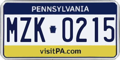 PA license plate MZK0215
