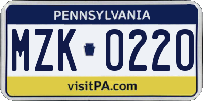 PA license plate MZK0220