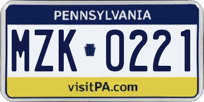 PA license plate MZK0221