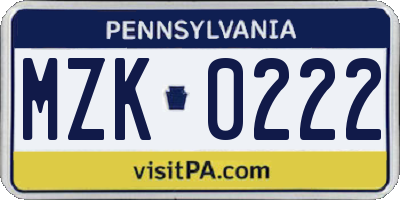 PA license plate MZK0222