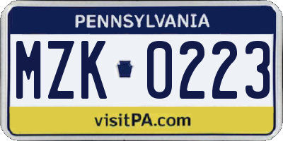 PA license plate MZK0223