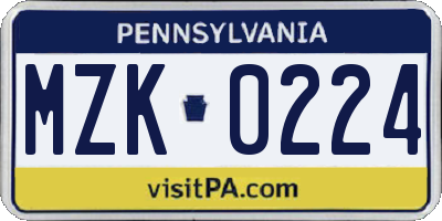 PA license plate MZK0224