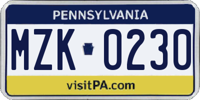 PA license plate MZK0230