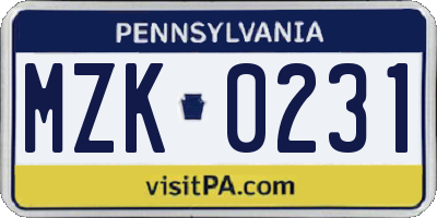 PA license plate MZK0231