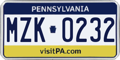 PA license plate MZK0232