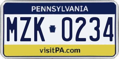 PA license plate MZK0234