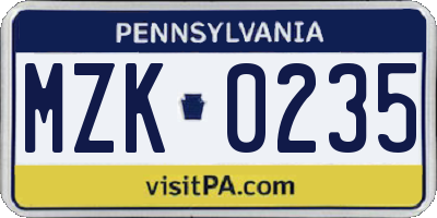 PA license plate MZK0235