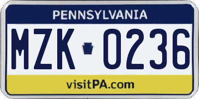 PA license plate MZK0236