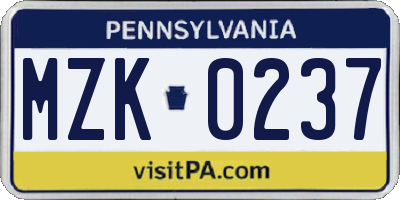 PA license plate MZK0237