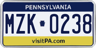 PA license plate MZK0238