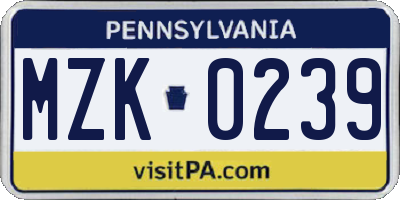 PA license plate MZK0239
