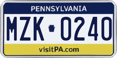PA license plate MZK0240