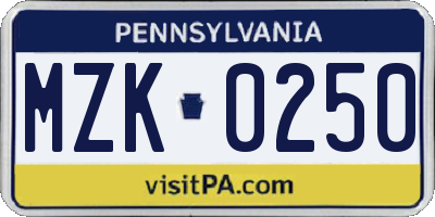 PA license plate MZK0250