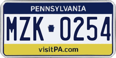PA license plate MZK0254