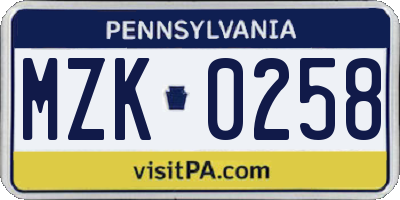 PA license plate MZK0258