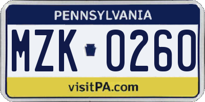 PA license plate MZK0260
