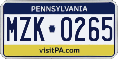 PA license plate MZK0265