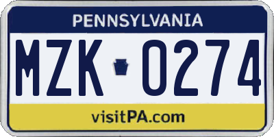 PA license plate MZK0274