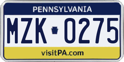 PA license plate MZK0275