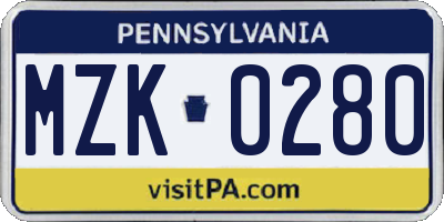 PA license plate MZK0280