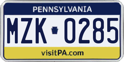 PA license plate MZK0285
