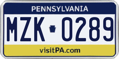 PA license plate MZK0289