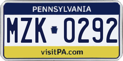 PA license plate MZK0292