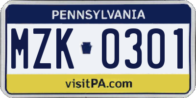 PA license plate MZK0301