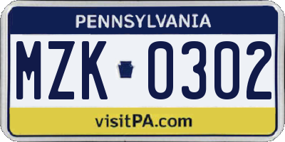 PA license plate MZK0302