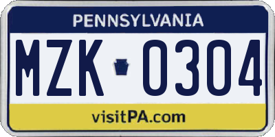 PA license plate MZK0304