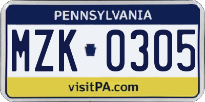 PA license plate MZK0305