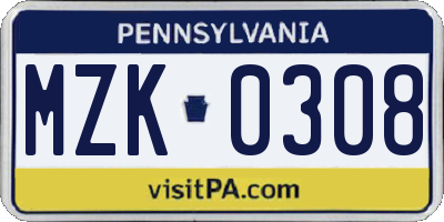 PA license plate MZK0308