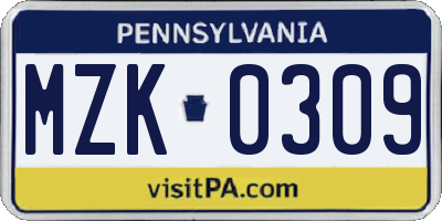 PA license plate MZK0309