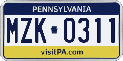 PA license plate MZK0311