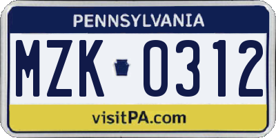 PA license plate MZK0312