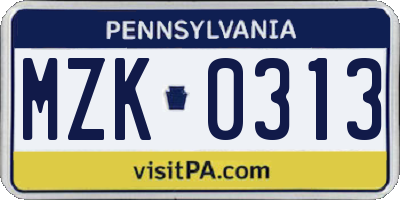 PA license plate MZK0313