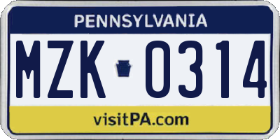 PA license plate MZK0314
