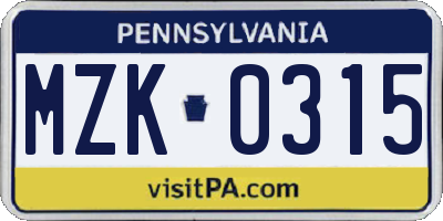 PA license plate MZK0315