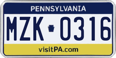PA license plate MZK0316
