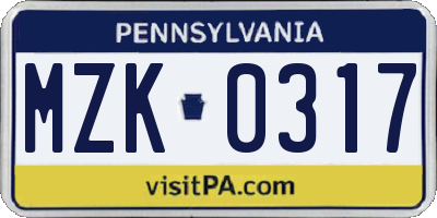 PA license plate MZK0317