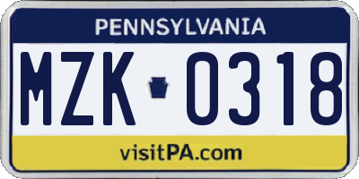 PA license plate MZK0318