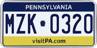 PA license plate MZK0320