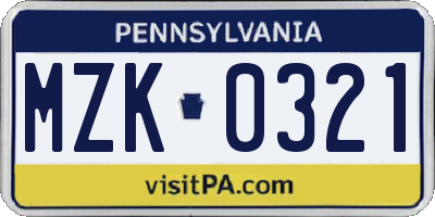 PA license plate MZK0321