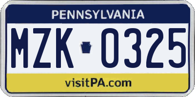 PA license plate MZK0325