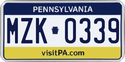 PA license plate MZK0339