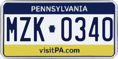 PA license plate MZK0340