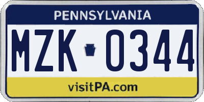 PA license plate MZK0344